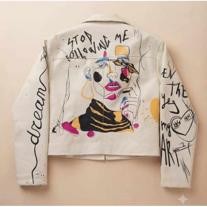 Campera Biker Ecocuero Blanca con Estampa Grafiti y Rostro Pop