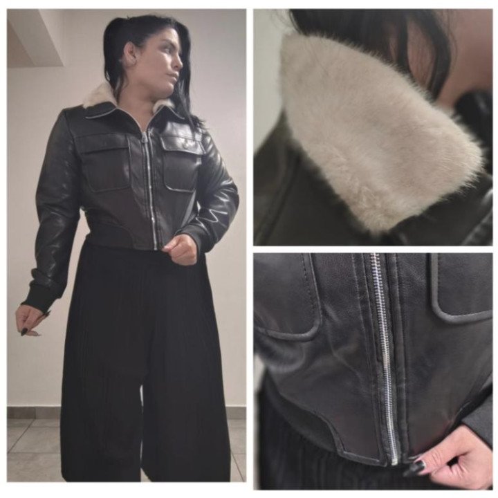 Campera de Cuero Sintético Negro con Piel