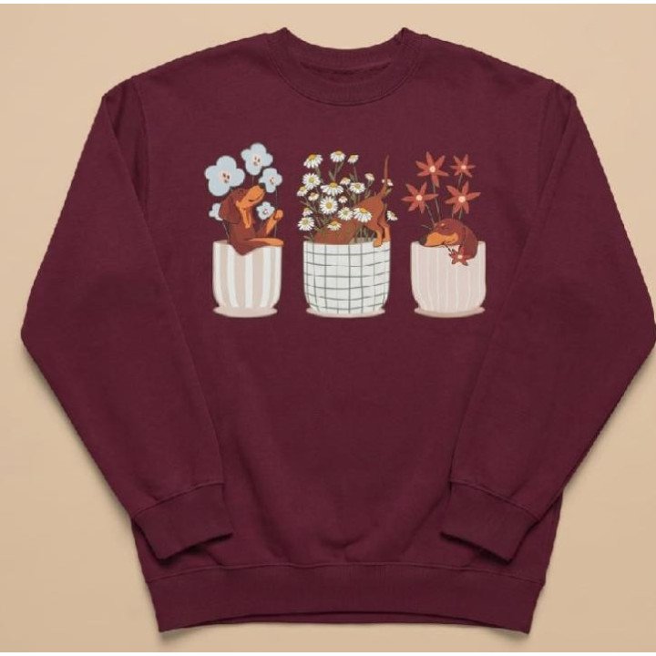 Buzo Borgoña de Mujer Oversize Perro Salchicha con Flores