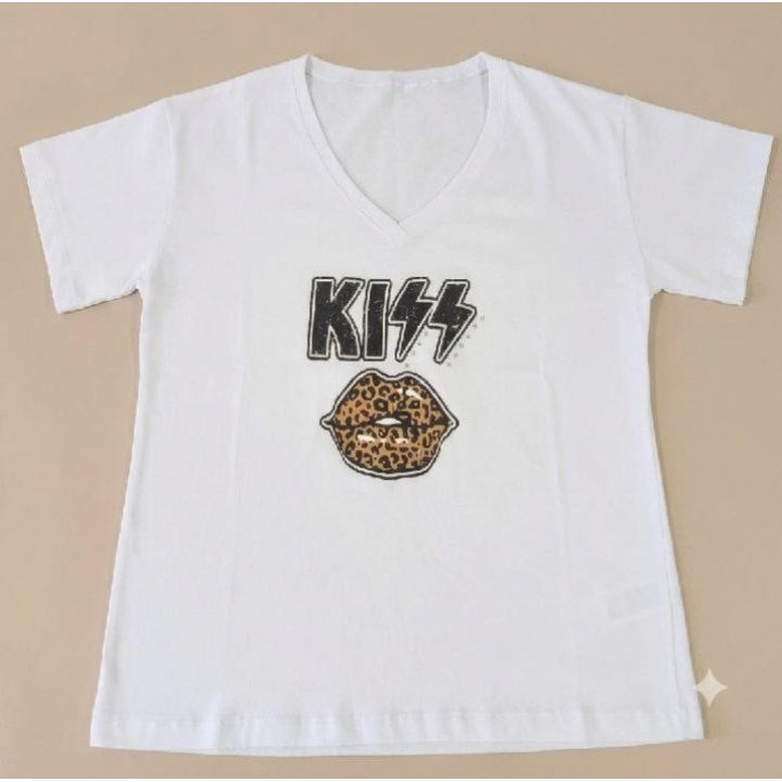 Remera Blanca Cuello V Estampa Kiss Labios Animal Print
