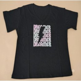 Remera Negra Cuello V Estampa Dreamer Rayo Algodón