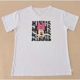 Remera Blanca Cuello V Estampa Minnie Mouse Algodón