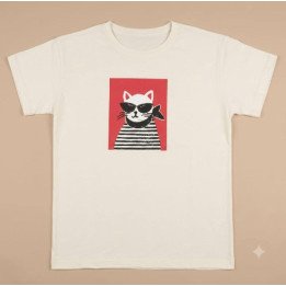 Remera Blanco Crudo Estampa Gato Marinero Anteojos Algodón