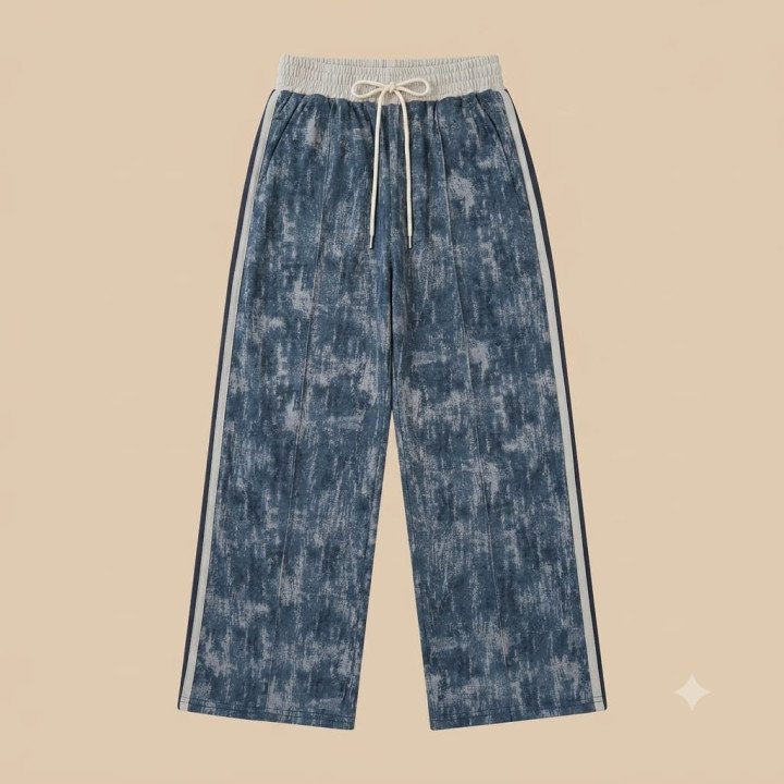 Pantalón Palazzo Track Azul Acid Wash con Nervadura | Ropa Streetwear
