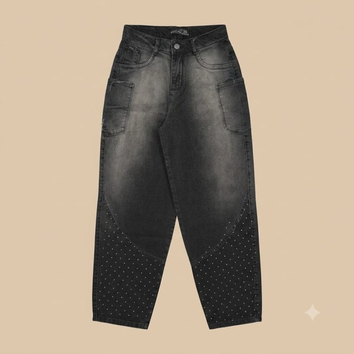 Jean Baggy Cargo Negro con Strass Inferior | Moda Streetwear