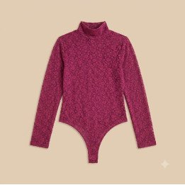 Body de Encaje Magenta Manga Larga y Cuello Alto | Moda Urbana