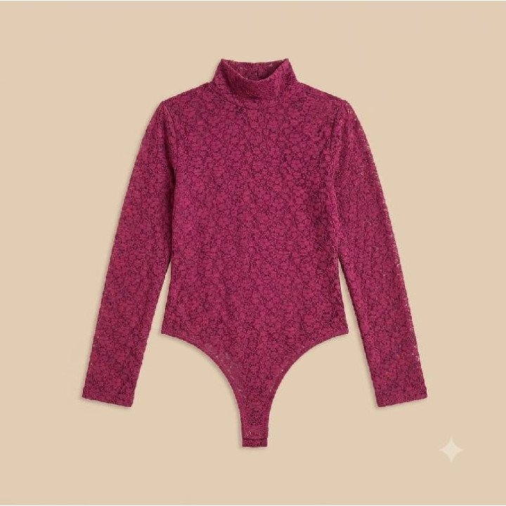 Body de Encaje Magenta Manga Larga y Cuello Alto | Moda Urbana
