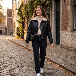 Campera de Cuero Sintético Negro con Piel