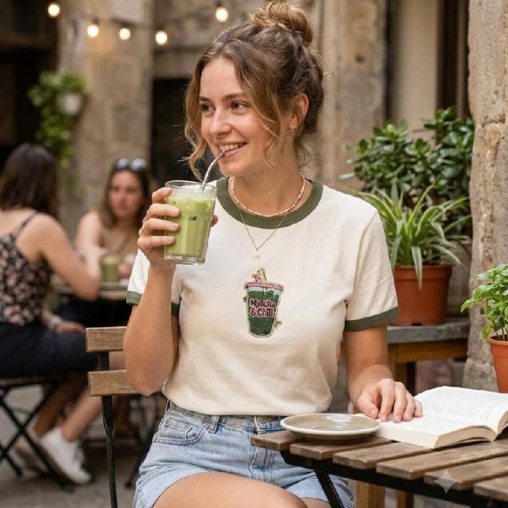 Remera Blanca de Algodón con estampa Matcha Negros Coquette | dosamores