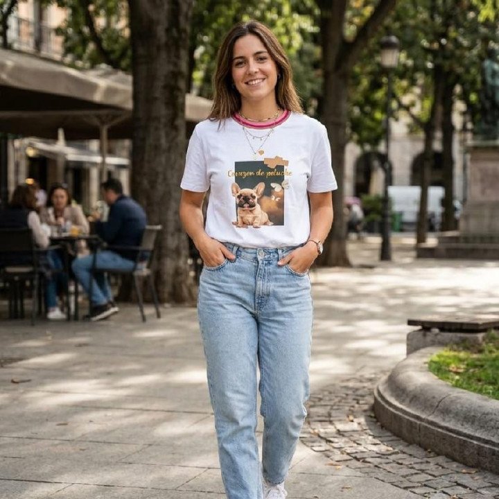 Remera Blanca Estampa Bulldog Francés Corazón Peluche
