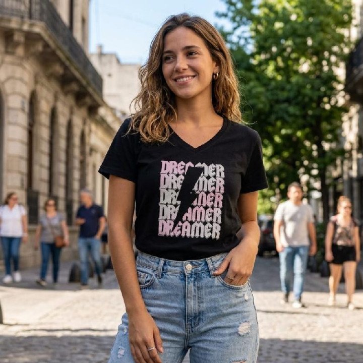 Remera Negra Cuello V Estampa Dreamer Rayo Algodón
