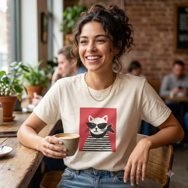 Remera Blanco Crudo Estampa Gato Marinero Anteojos Algodón