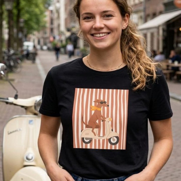 Remera Negra Estampa Perro Salchicha en Moto Algodón