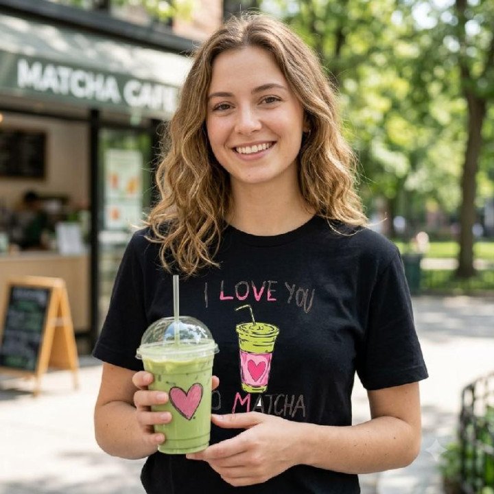 Remera Negra Estampa I Love You So Matcha Algodón