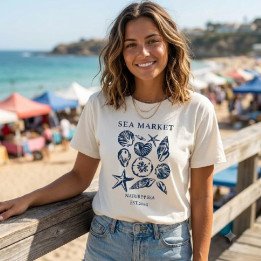Remera Blanco Crudo Estampa Marina Sea Market Algodón