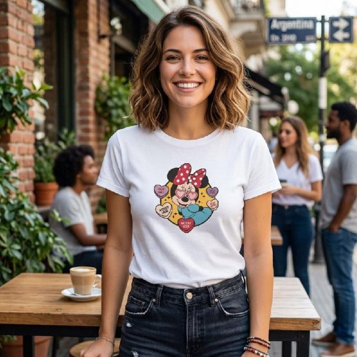 Remera Blanca Estampa Minnie Mouse Corazones Algodón