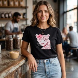 Remera Negra Estampa Leopardo Rosa con Flor Hibisco